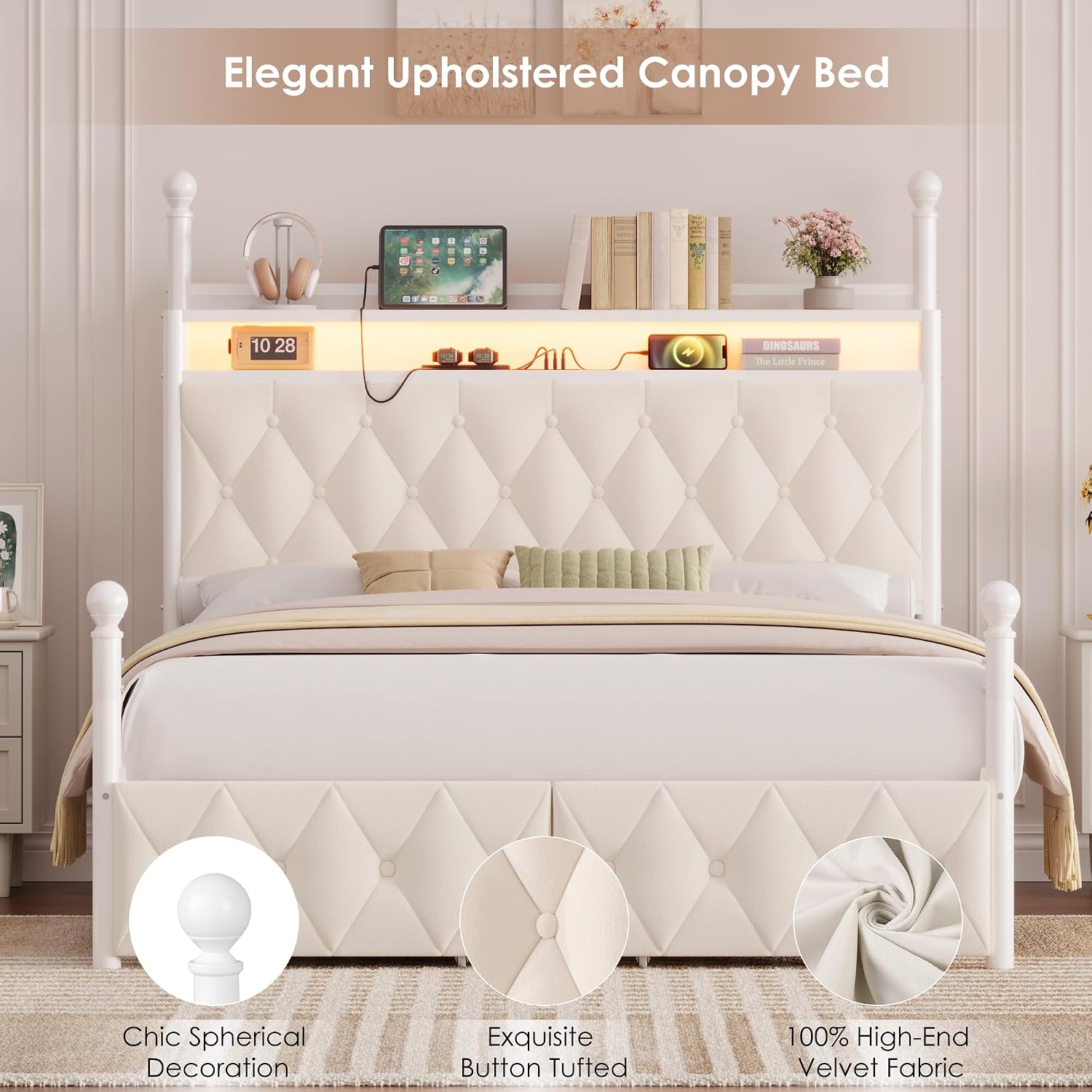 Canopy Bed Frame Metal Queen - Rangka Tempat Tidur dengan Kanopi LED
