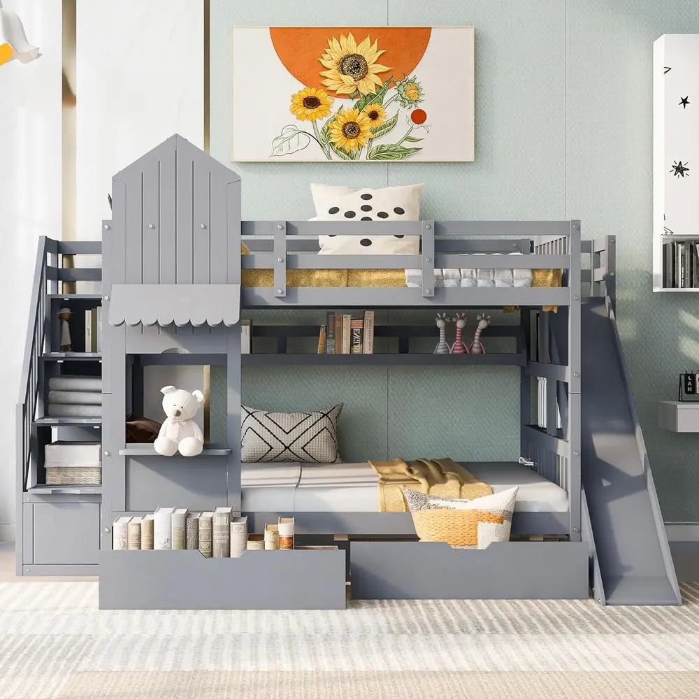 Bunk Bed With Stairs And Slide - Tempat Tidur Tingkat Ukuran Penuh dengan