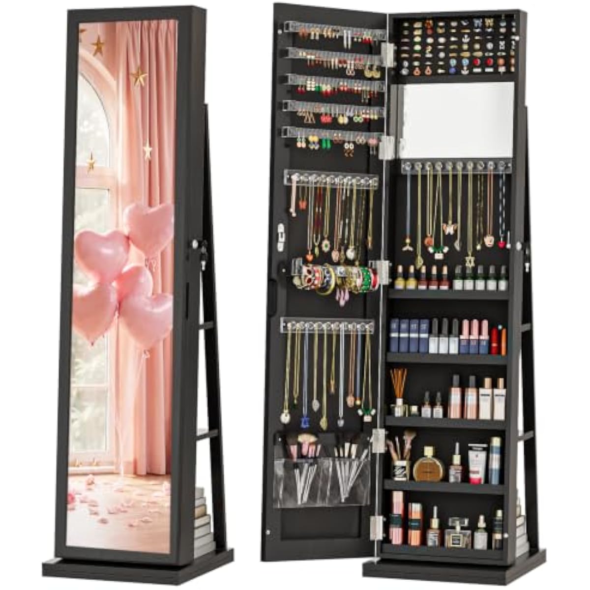 Full Length Mirror Jewelry Armoire - Lemari Perhiasan Berdiri Hitam Elegan dengan
