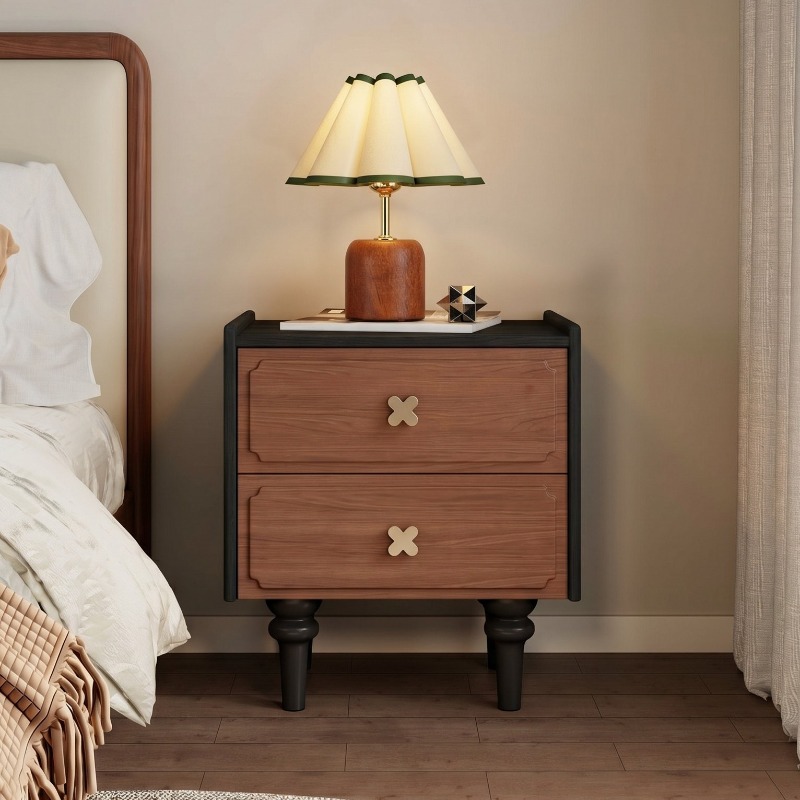 Solid Wood Nightstand 2 Drawers - Meja Nakas Kayu Solid Hitam untuk