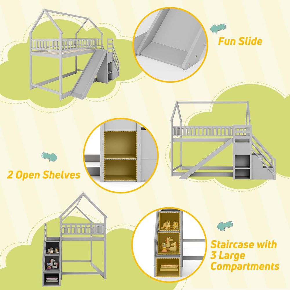 Tempat Tidur Tingkat Twin Over - Bunk Bed With Stairs And Slide ulasan dan harga